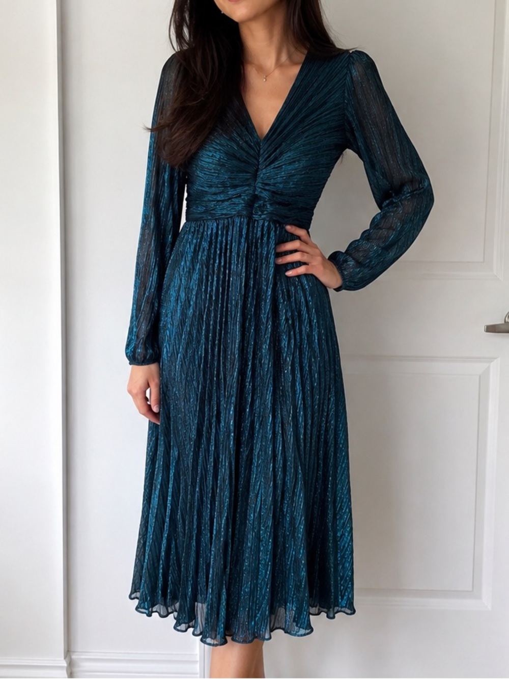 Ever New Teal Shimmer Pleated Midi Dress sz6 Petites